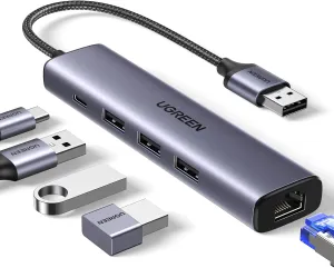 UGREEN USB to Ethernet Adapter, 5 in 1 USB Hub with Ethernet, Plug and Play, Multiport Network Adapter with 3 USB 3.0 Port, Gigabit RJ45, USB-C Power Port Compatible for Laptop MacBook XPS Windows 11