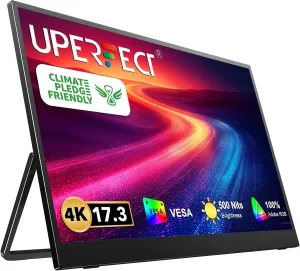 UPERFECT 17.3'' 4K Portable Monitor, 500 Nits 100% AdobeRGB UHD FreeSync HDR IPS 2 Speakers Eye Care Travel Monitor, 2 Fully Functional Type-C Port & HDMI for Laptop PC Phone, VESA & Kickstand