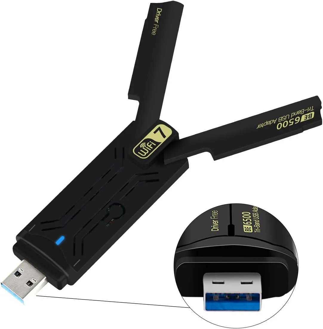 USB 3.0 Gaming WiFi 7 Card Driver Free with 8912AU Chipset(BE6500) USB Wireless Adapter Tri-Band High Speed Network Card for Desktop & Laptop, 802.11ac/ax/be Compatible, Plug & Play for Windows 11/10