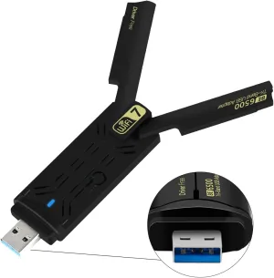 USB 3.0 Gaming WiFi 7 Card Driver Free with 8912AU Chipset(BE6500) USB Wireless Adapter Tri-Band High Speed Network Card for Desktop & Laptop, 802.11ac/ax/be Compatible, Plug & Play for Windows 11/10