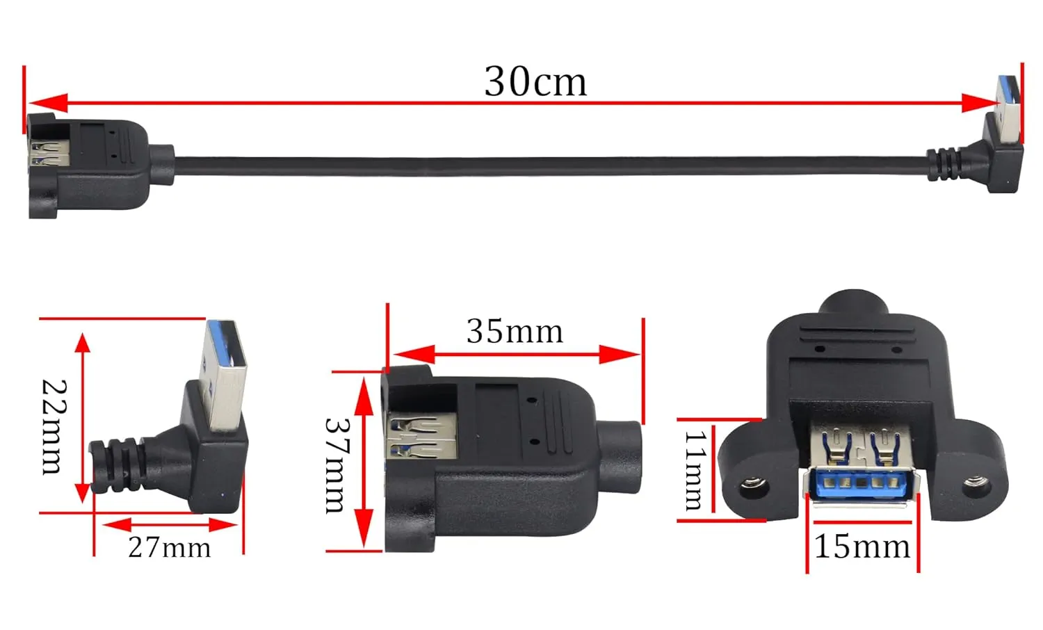 USB 3.0 Right Angle Male to Female Extension Cable USB 3.0 A up Elbow Male to USB 3.0 A Panel-Mount Female Adapter USB 3.0 Male to Female Data Cable - Black [30cm/1ft-2pack/up Elbow]