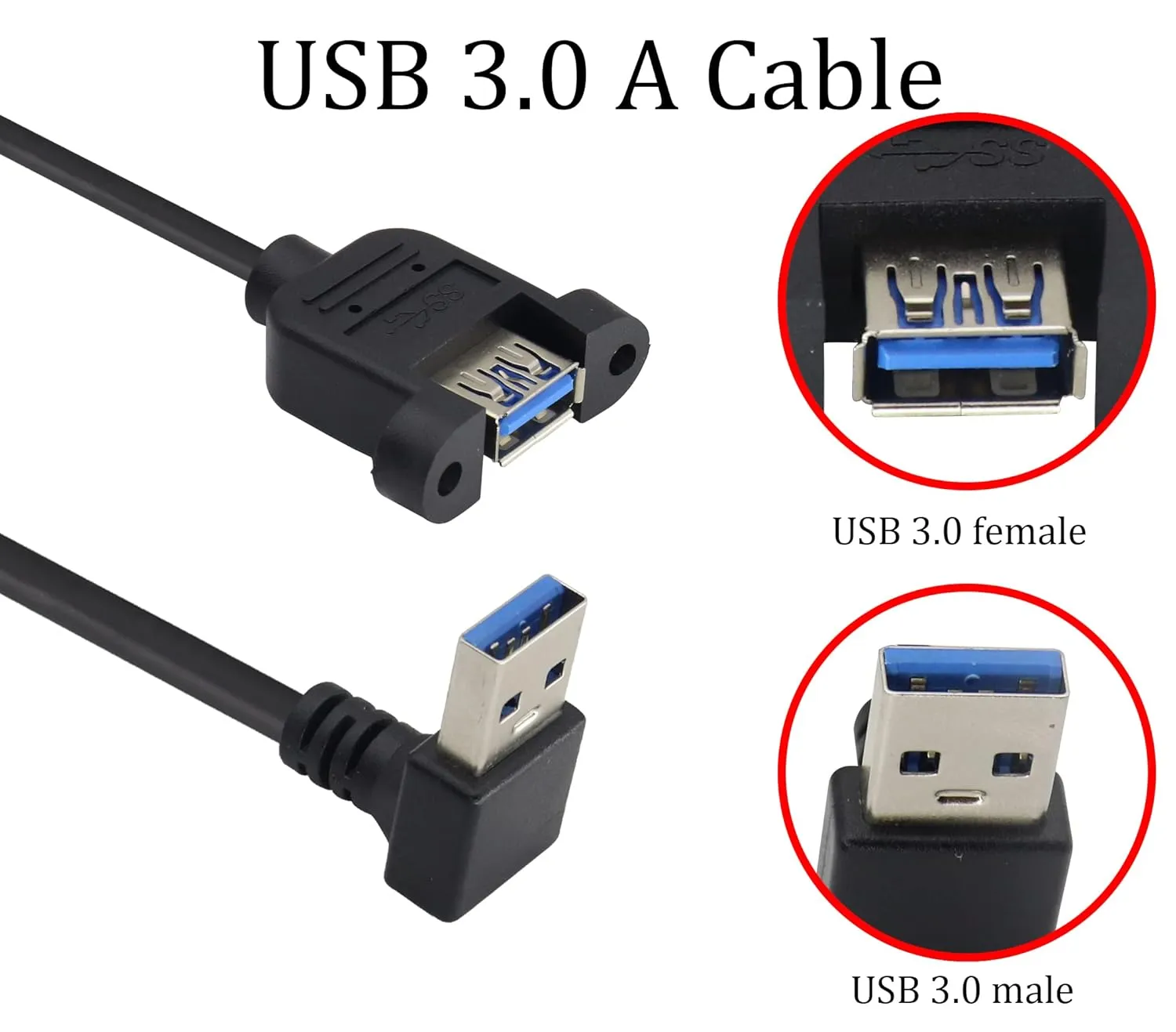 USB 3.0 Right Angle Male to Female Extension Cable USB 3.0 A up Elbow Male to USB 3.0 A Panel-Mount Female Adapter USB 3.0 Male to Female Data Cable - Black [30cm/1ft-2pack/up Elbow]