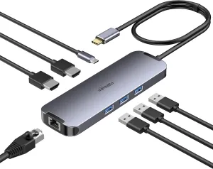 USB C Hub Docking Station Dual Monitor, USB C to 2 HDMI 4K 60Hz with Ethernet, 100W Charing and USB3.0, USB-C Hub Compatible for HP MacBook Pro Air, 2 HDMI Adapter Type C Laptop Docking Station