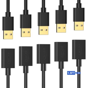 USB Extender Cord 1.5FT(5 Pack), USB 2.0 Extension Cable, USB A Male to Female, Compatible for USB Flash Drive, Hard Drive, Card Reader, Webcam, Printer, Keyboard, Mouse, Playstation, Xbox, VR Headset