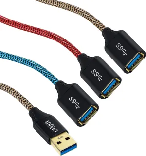 USB Extension, Canjoy 3 Pack 6.6ft USB 3.0 Extension Cable Braided USB Extender Cord A Male to A Female Fast Data Transfer Compatible Oculus VR,PS4,Xbox,Mouse,Keyboard,Printer,Scanner-Red Gold Blue