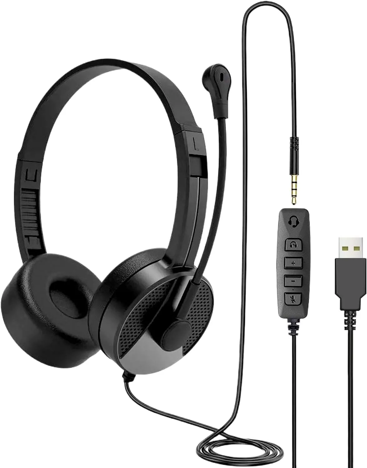 USB Headset with Microphone for PC, 3.5mm Jack 2 in 1 Wired Stereo Computer Headphone, Lightweight Headset with Volume Control, Low Latency for Laptop, Skype, Zoom