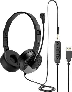 USB Headset with Microphone for PC, 3.5mm Jack 2 in 1 Wired Stereo Computer Headphone, Lightweight Headset with Volume Control, Low Latency for Laptop, Skype, Zoom