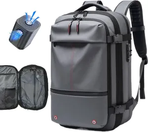 Vacuum Seal Backpack Travel 60L Expandable Air Compression System, Airback Vacpack Backpack TSA Lock Water Resistant Carry-On Luggage (Grey with Pump)