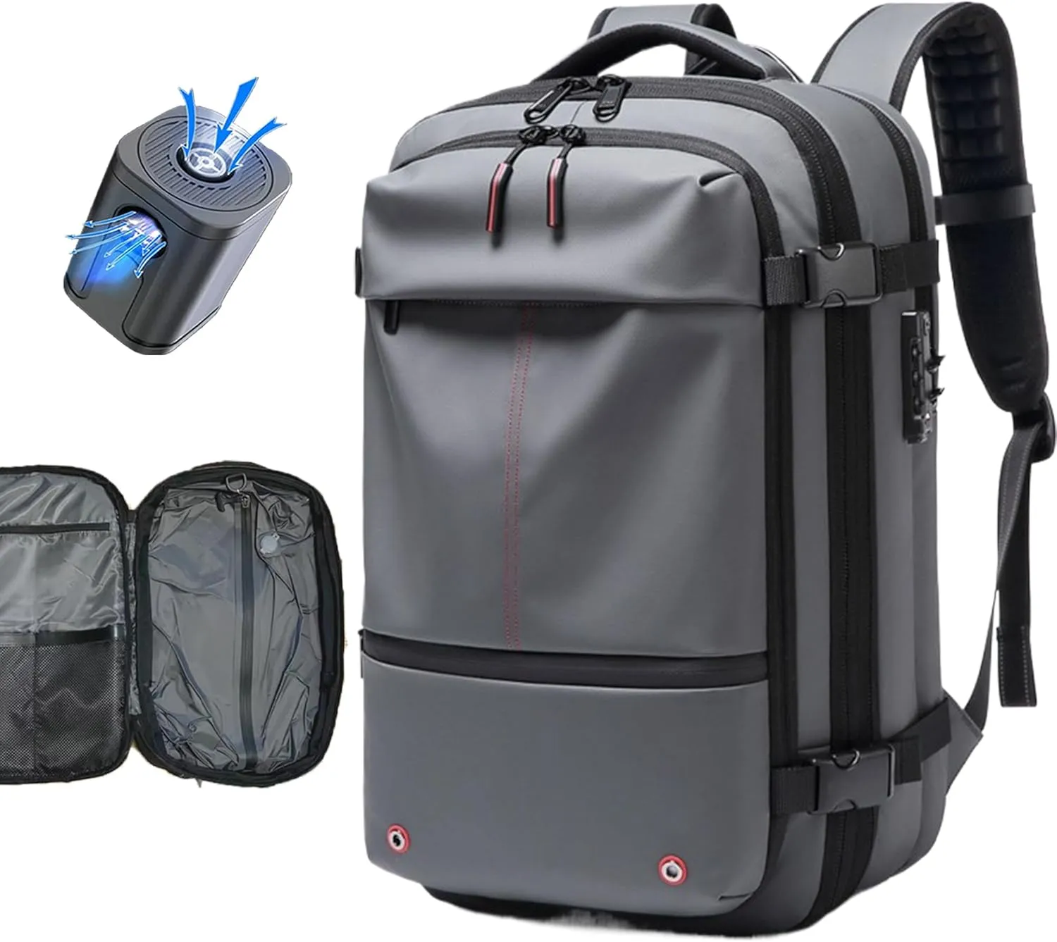 Vacuum Seal Backpack Travel 60L Expandable Air Compression System, Airback Vacpack Backpack TSA Lock Water Resistant Carry-On Luggage (Grey with Pump)