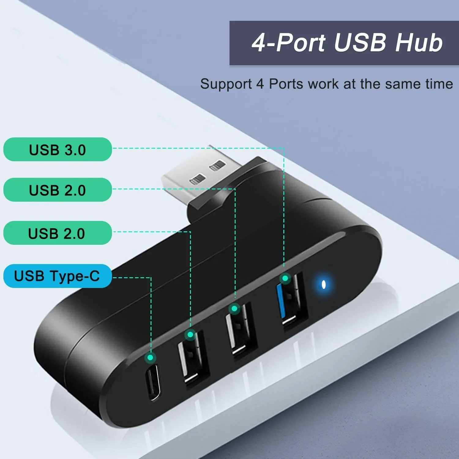 VIENON 4-Port USB 3.0 Hub [90/180 Degree Rotatable], USB Splitter with 3 USB-A Ports & 1 USB C Power/Data Port, USB Extender for Laptop, Car, iMac, MacBook Air, MacBook Pro, and More