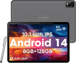 weelikeit Android Tablet, 10.1 inch Tablet with 1280 * 800 IPS HD Touchscreen, 8GB RAM 128GB ROM (UP to 1TB), 6000mAh Battery, 5G WiFi 6, Bluetooth 5.0, Dual 5MP 8MP Camera, Great Gift for Your Kids