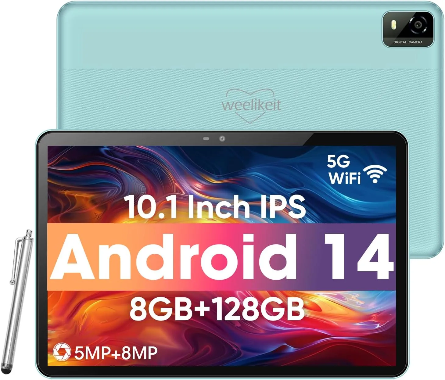 weelikeit Android Tablet, 10.1 inch Tablet with 1280 * 800 IPS HD Touchscreen, 8GB RAM 128GB ROM (UP to 1TB), 6000mAh Battery, 5G WiFi 6, Bluetooth 5.0, Dual 5MP 8MP Camera, Great Gift for Your Kids
