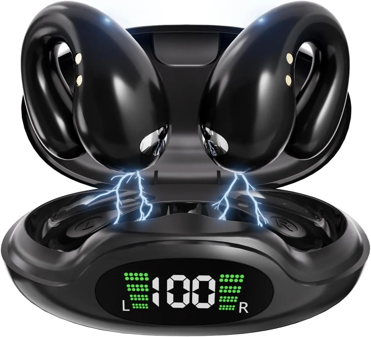 Wireless Bluetooth 5.3 Open Ear Bone Conduction Headphones, 60 Hrs Battery, 4 Mics, LED Display, IPX7 Waterproof,Clip On Earbuds Charging Case Sports Earphones for Running, Walking, Workout(Black)