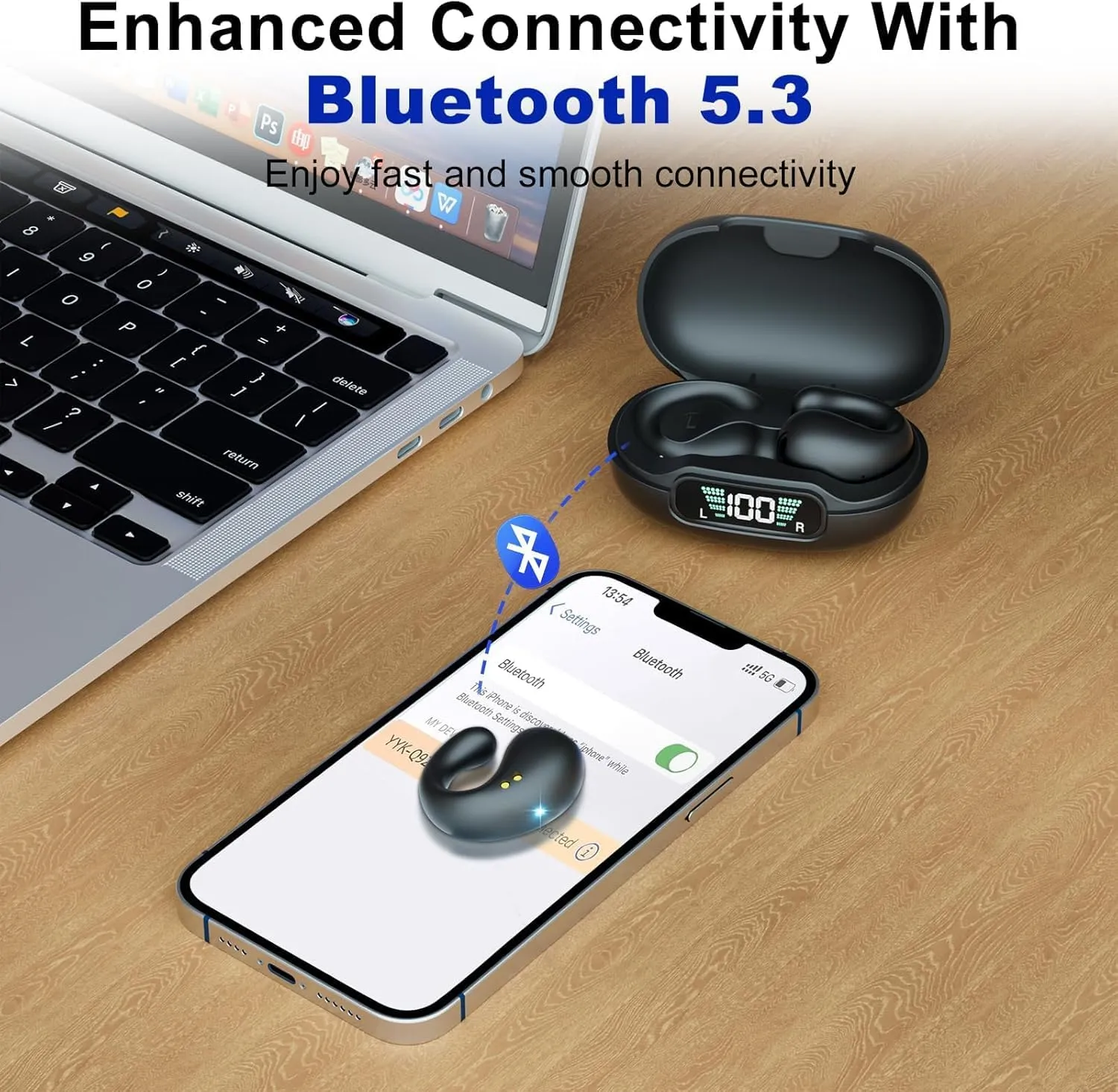 Wireless Bluetooth 5.3 Open Ear Bone Conduction Headphones, 60 Hrs Battery, 4 Mics, LED Display, IPX7 Waterproof,Clip On Earbuds Charging Case Sports Earphones for Running, Walking, Workout(Black)