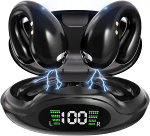 Wireless Bluetooth 5.3 Open Ear Bone Conduction Headphones, 60 Hrs Battery, 4 Mics, LED Display, IPX7 Waterproof,Clip On Earbuds Charging Case Sports Earphones for Running, Walking, Workout(Black)