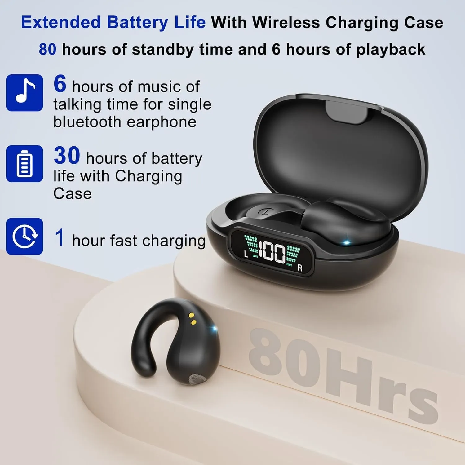 Wireless Bluetooth 5.3 Open Ear Bone Conduction Headphones, 60 Hrs Battery, 4 Mics, LED Display, IPX7 Waterproof,Clip On Earbuds Charging Case Sports Earphones for Running, Walking, Workout(Black)