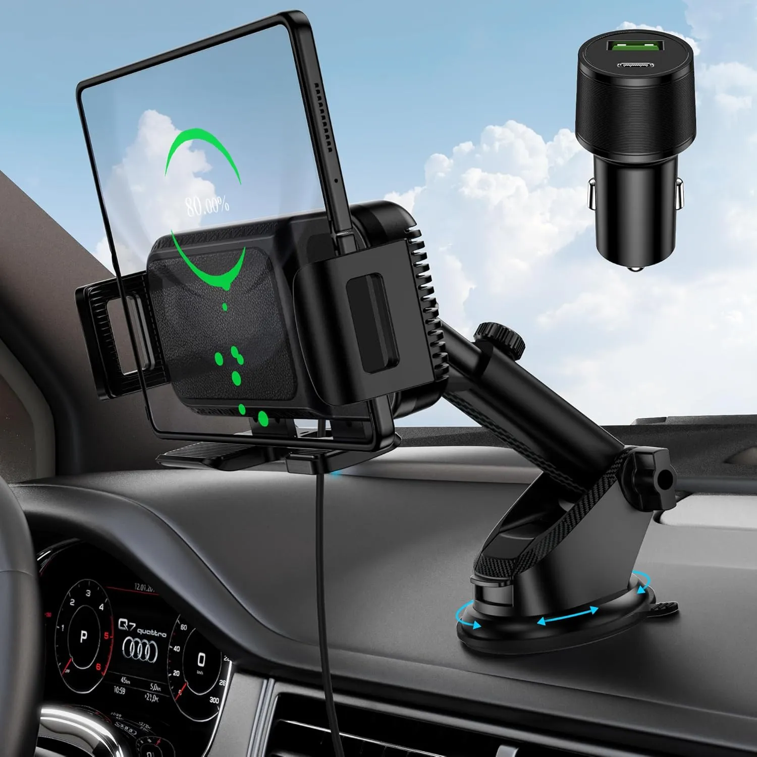 Wireless Car Charger Mount, 15W Dual Coil Rotatable Car Phone Holder Wireless Charger for Samsung Galaxy Z Fold 6/5/4/3/2, Z Flip, S25/S24/S23/S22 Series and iPhone, Car Charger Included