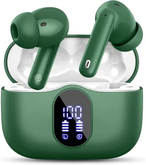 Wireless Earbuds, 2024 Bluetooth 5.3 Headphones Bass Stereo, Ear Buds with Noise Cancelling Mic LED Display, in Ear Earphones IP7 Waterproof, 36H Playtime for Phones Sports Workout, Elegant Green