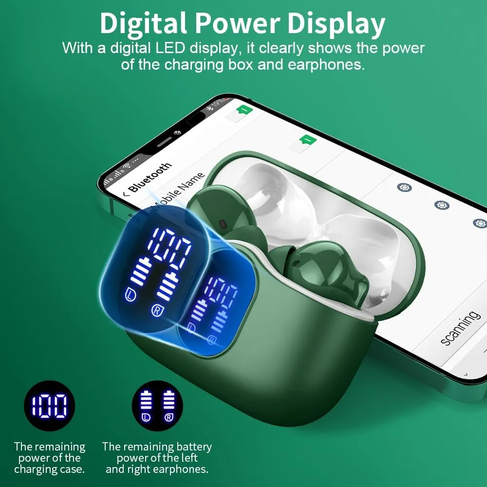 Wireless Earbuds, 2024 Bluetooth 5.3 Headphones Bass Stereo, Ear Buds with Noise Cancelling Mic LED Display, in Ear Earphones IP7 Waterproof, 36H Playtime for Phones Sports Workout, Elegant Green