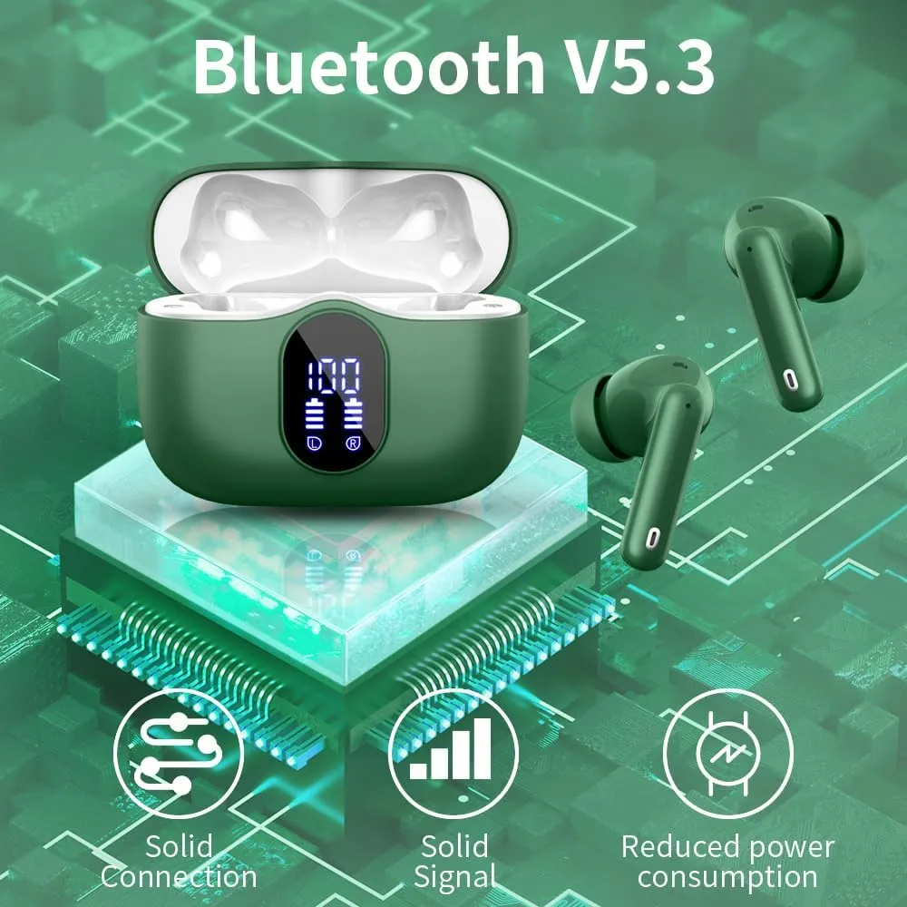 Wireless Earbuds, 2024 Bluetooth 5.3 Headphones Bass Stereo, Ear Buds with Noise Cancelling Mic LED Display, in Ear Earphones IP7 Waterproof, 36H Playtime for Phones Sports Workout, Elegant Green