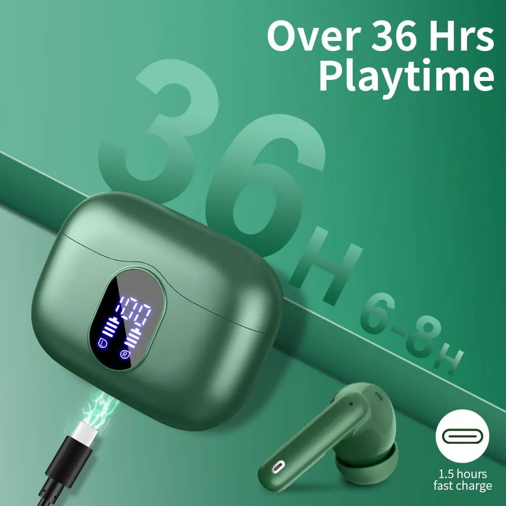Wireless Earbuds, 2024 Bluetooth 5.3 Headphones Bass Stereo, Ear Buds with Noise Cancelling Mic LED Display, in Ear Earphones IP7 Waterproof, 36H Playtime for Phones Sports Workout, Elegant Green