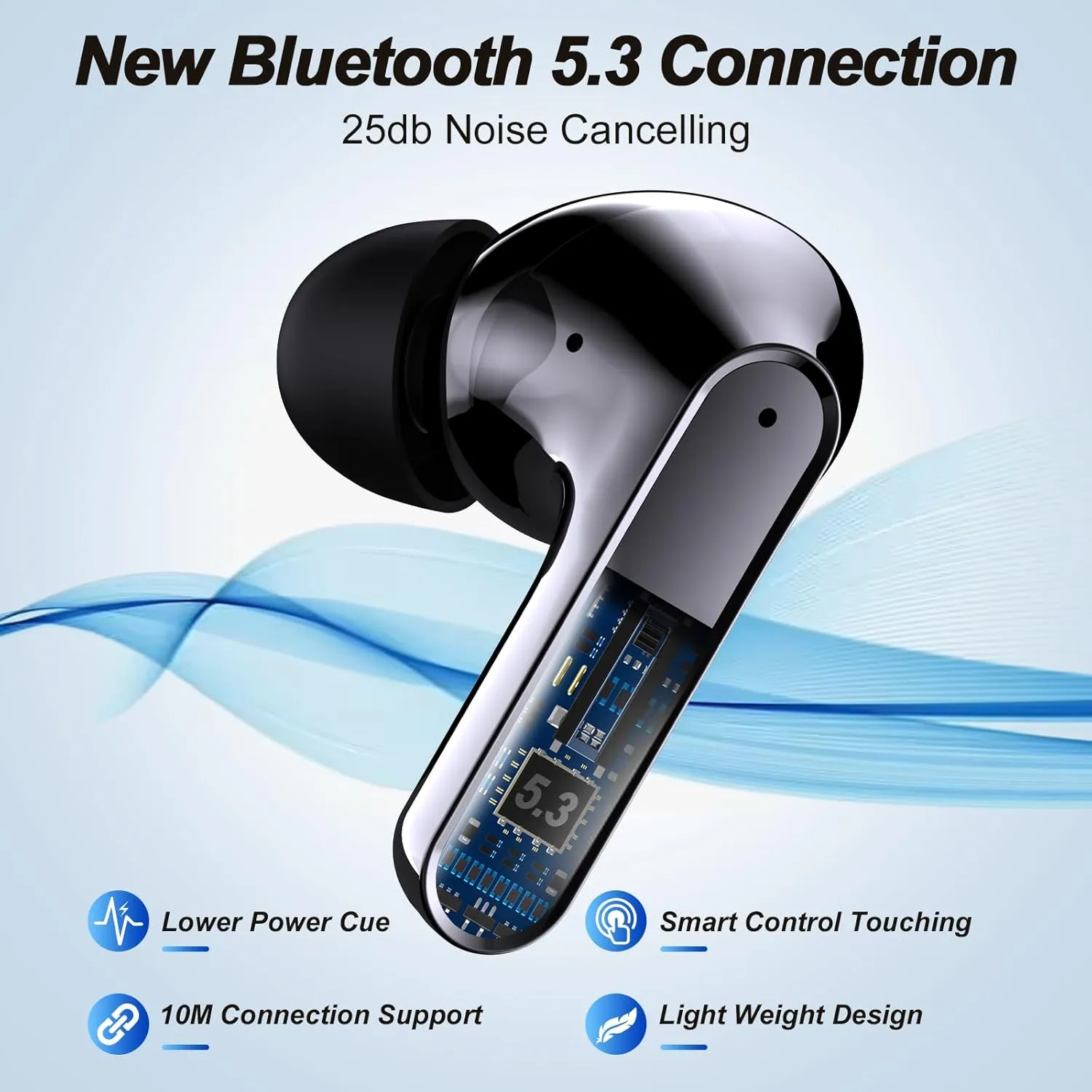 Wireless Earbuds,Bluetooth 5.3 Earbuds IPX5 Waterproof,Earphones with Wireless Charging Case,Light-Weight Headphones Built-in Microphone Call Noise Cancelling (Black)