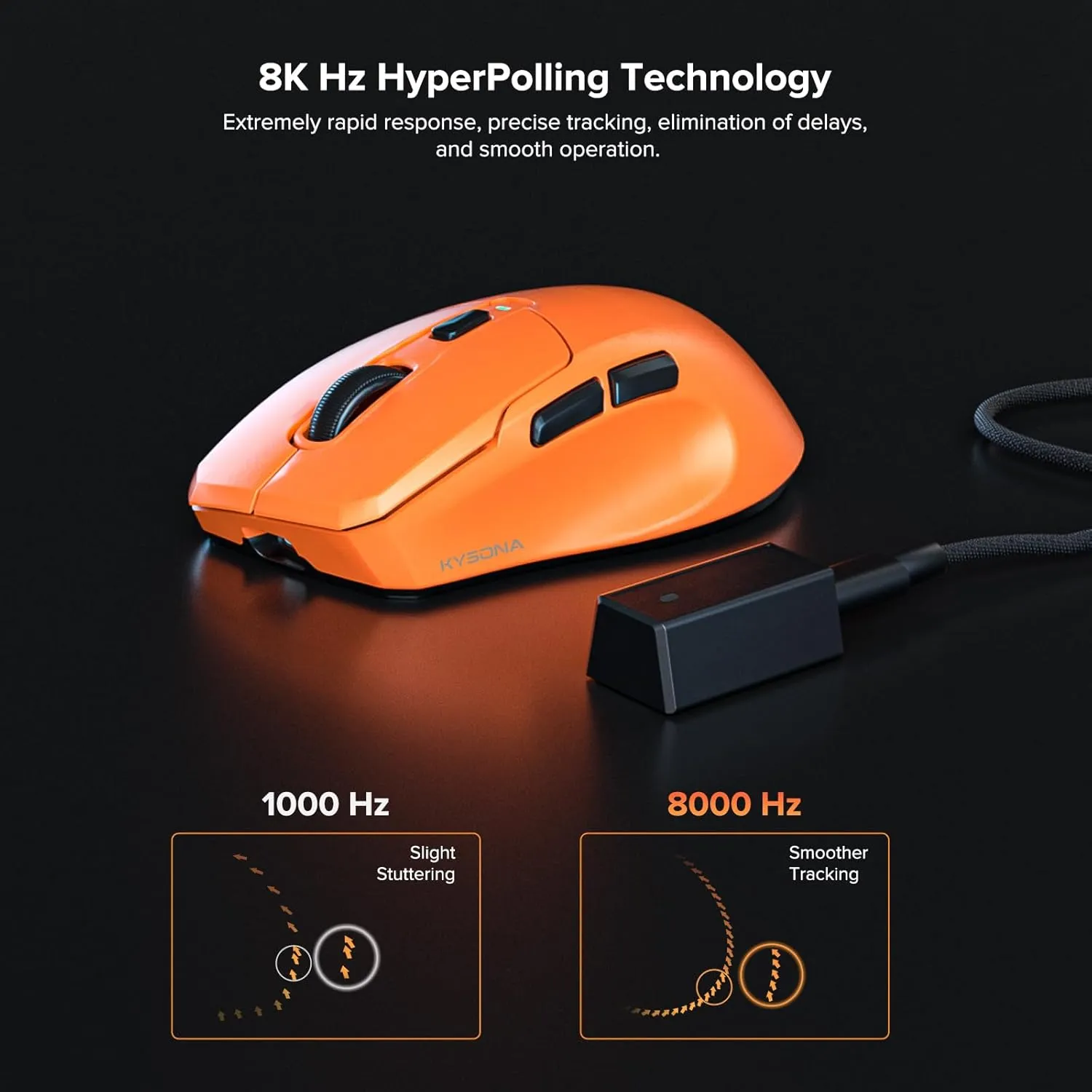 Wireless Gaming Mouse, 26000 DPI, 8K Polling Rate, Tri-Mode 2.4GHz/USB-C/Bluetooth Ergonomic Mouse, Web-Driven, Ice-Cooling Coating, Rechargeable Gaming Mice for Laptop/PC/Mac/Xbox, Orange