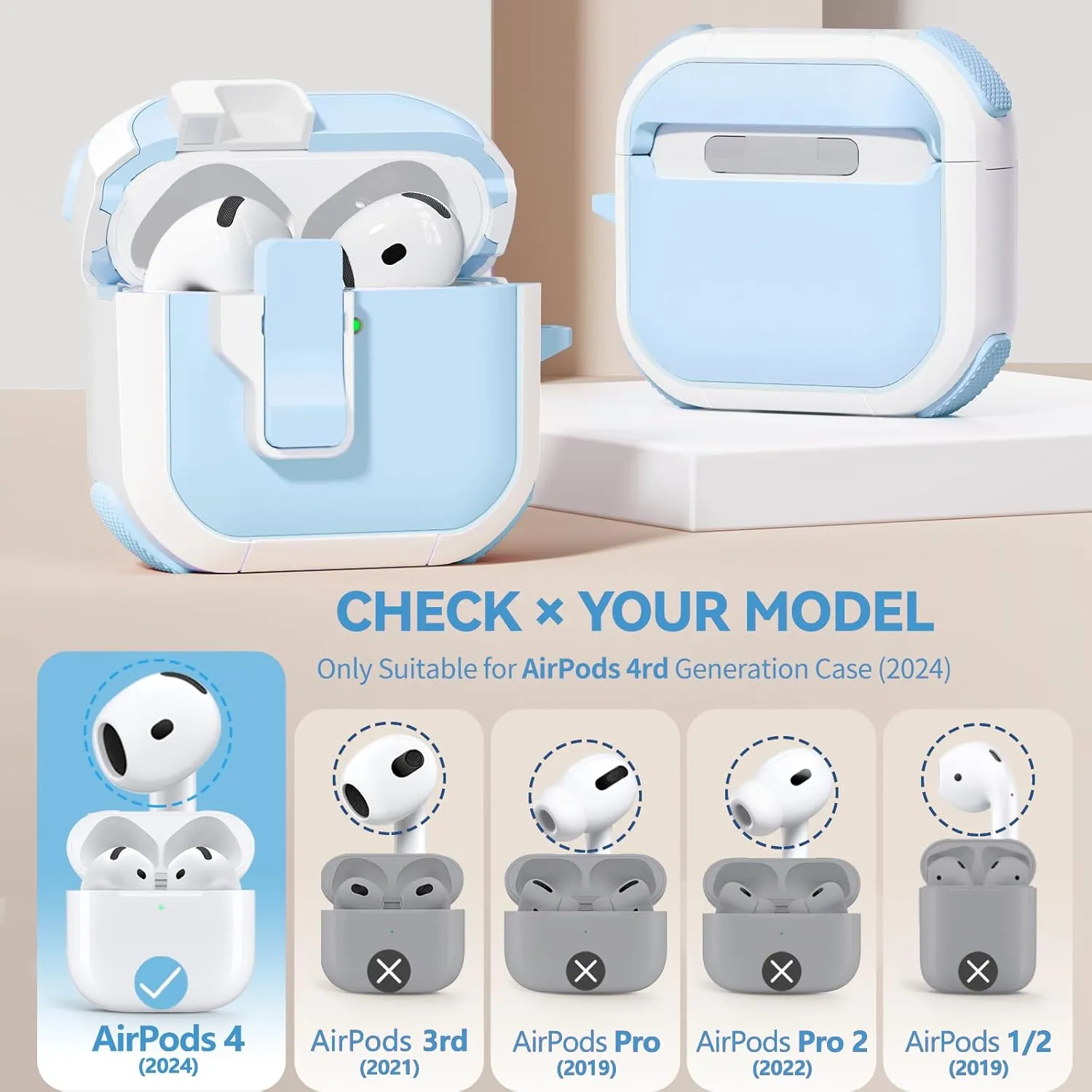 with Safety Lock for AirPods 4th Generation Case 2024, Unique Cute Kawaii AirPod 4 Case with Cleaning Kit and Keychain, iPod 4 Case for Women Girls Kids -Sky Blue