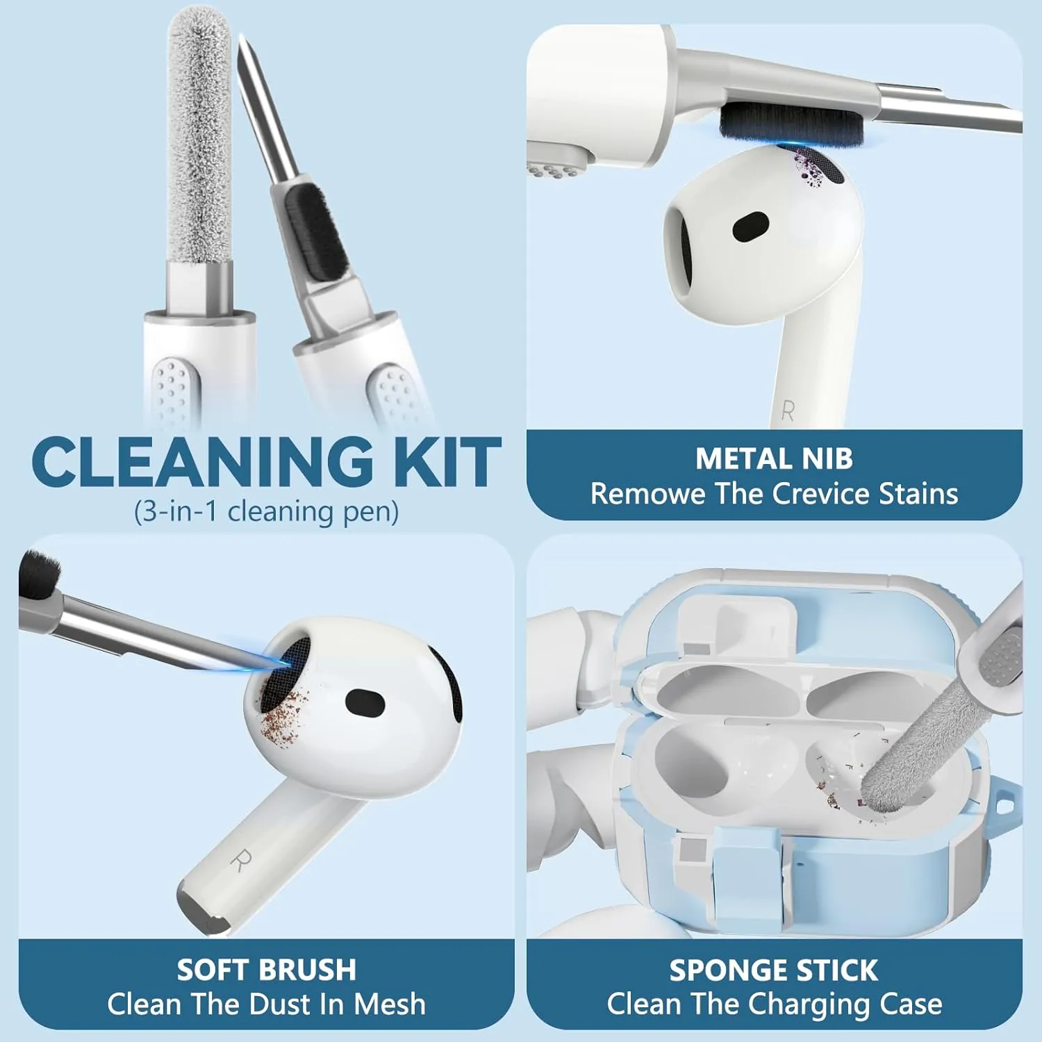with Safety Lock for AirPods 4th Generation Case 2024, Unique Cute Kawaii AirPod 4 Case with Cleaning Kit and Keychain, iPod 4 Case for Women Girls Kids -Sky Blue