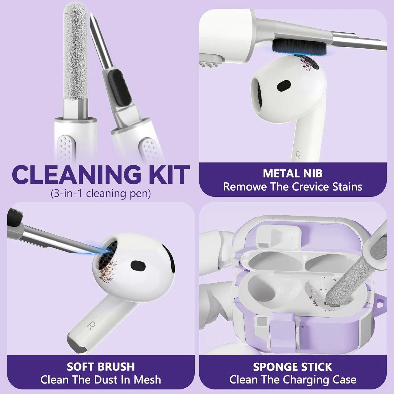 with Safety Lock for AirPods 4th Generation Case 2024, Unique Cute Kawaii Purple AirPod 4 Case with Cleaning Kit and Keychain, iPod 4 Case for Women Girls Kids - Purple