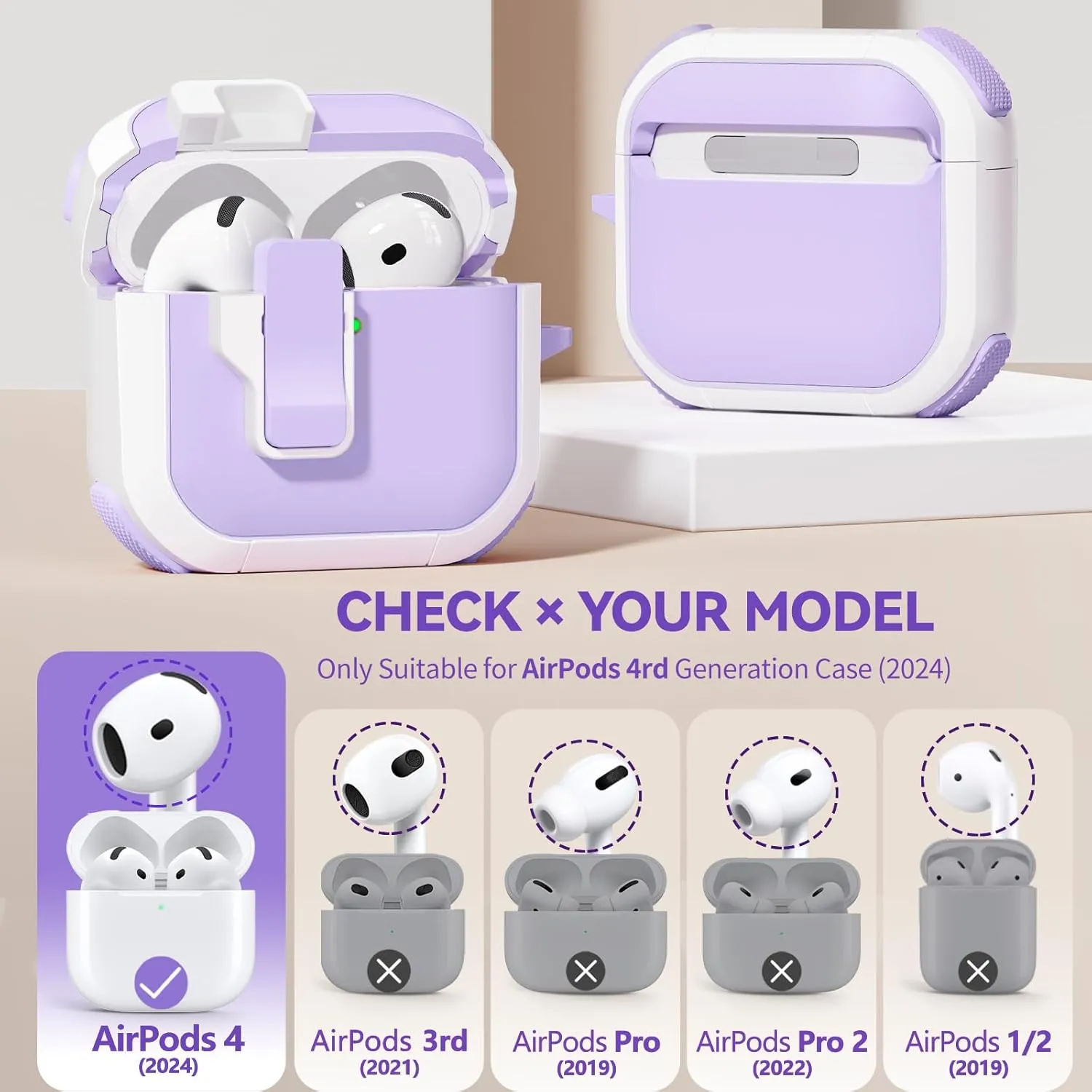 with Safety Lock for AirPods 4th Generation Case 2024, Unique Cute Kawaii Purple AirPod 4 Case with Cleaning Kit and Keychain, iPod 4 Case for Women Girls Kids - Purple