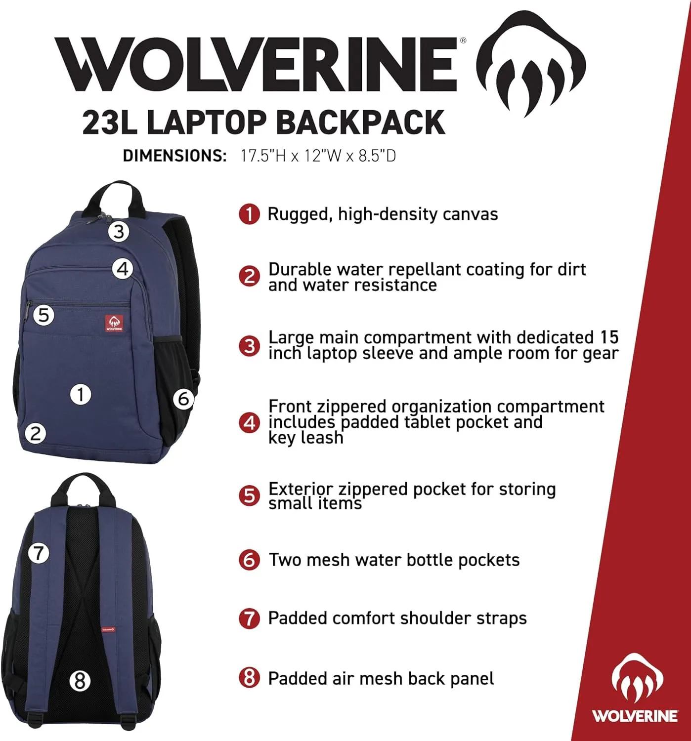 WOLVERINE Lightweight, Water Resistant Rugged Backpack for Travel or Work, Laptop-Black, 23L