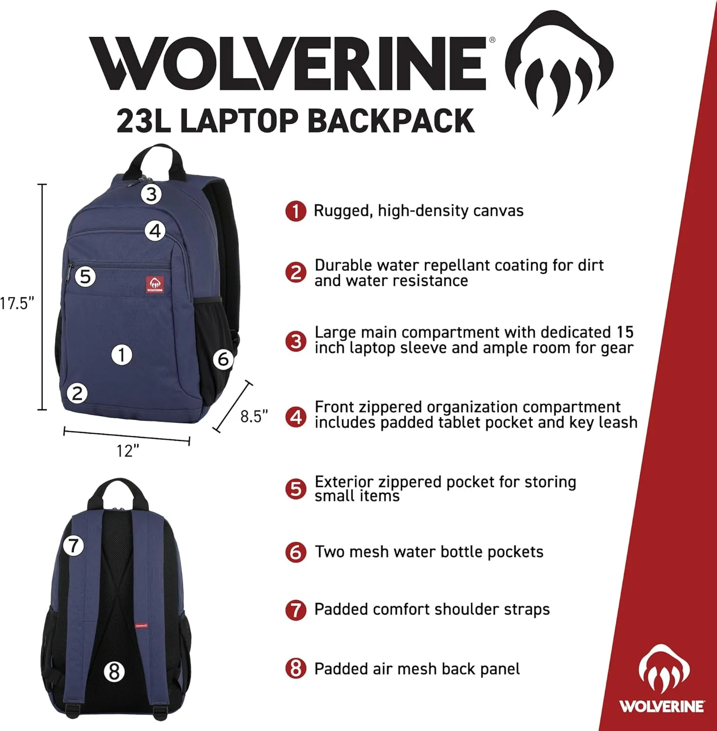 WOLVERINE Lightweight, Water Resistant Rugged Backpack for Travel or Work, Laptop-Grey, 23L