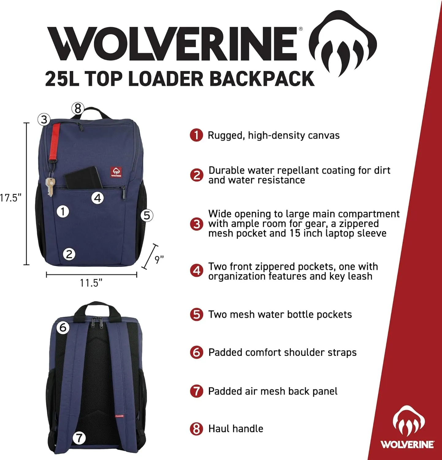 WOLVERINE Lightweight, Water Resistant Rugged Laptop Backpack for Travel or Work, Top Loader-Chestnut, 25L