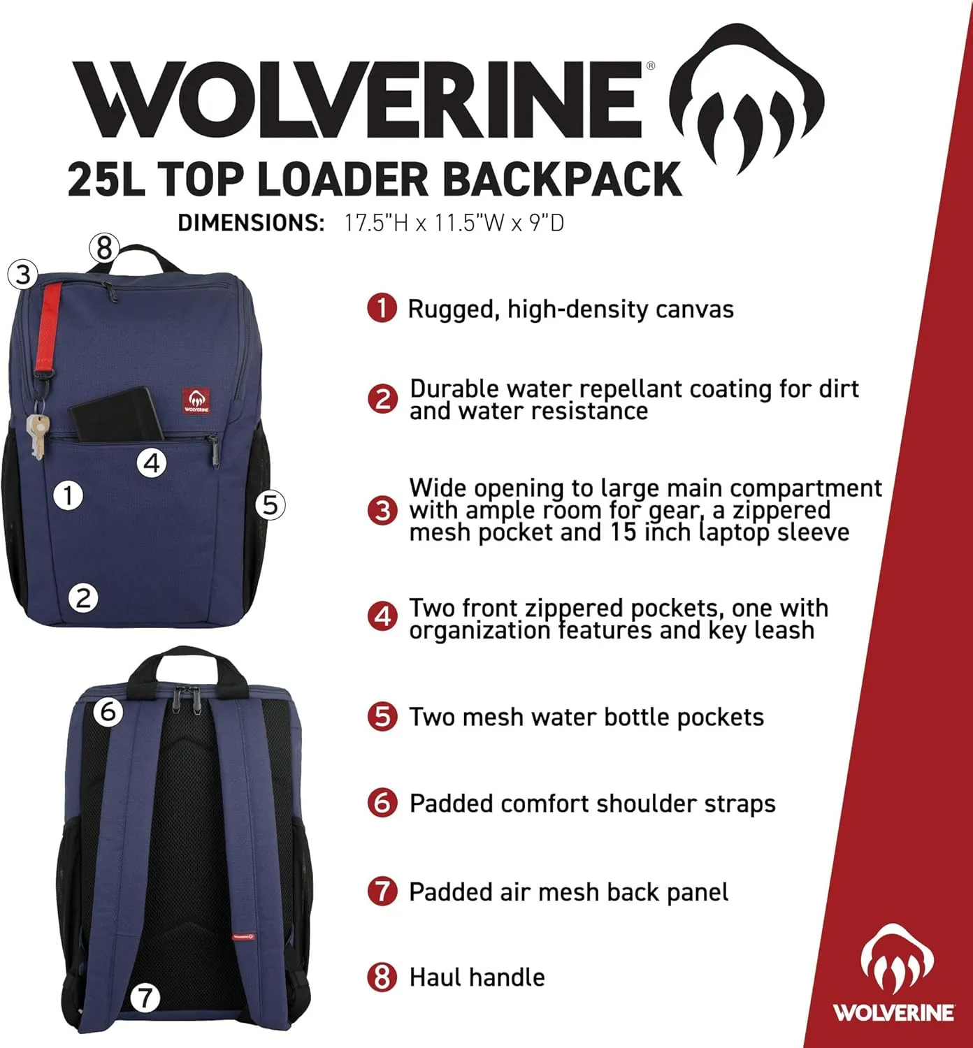 WOLVERINE Lightweight, Water Resistant Rugged Laptop Backpack for Travel or Work, Top Loader-Chestnut, 25L