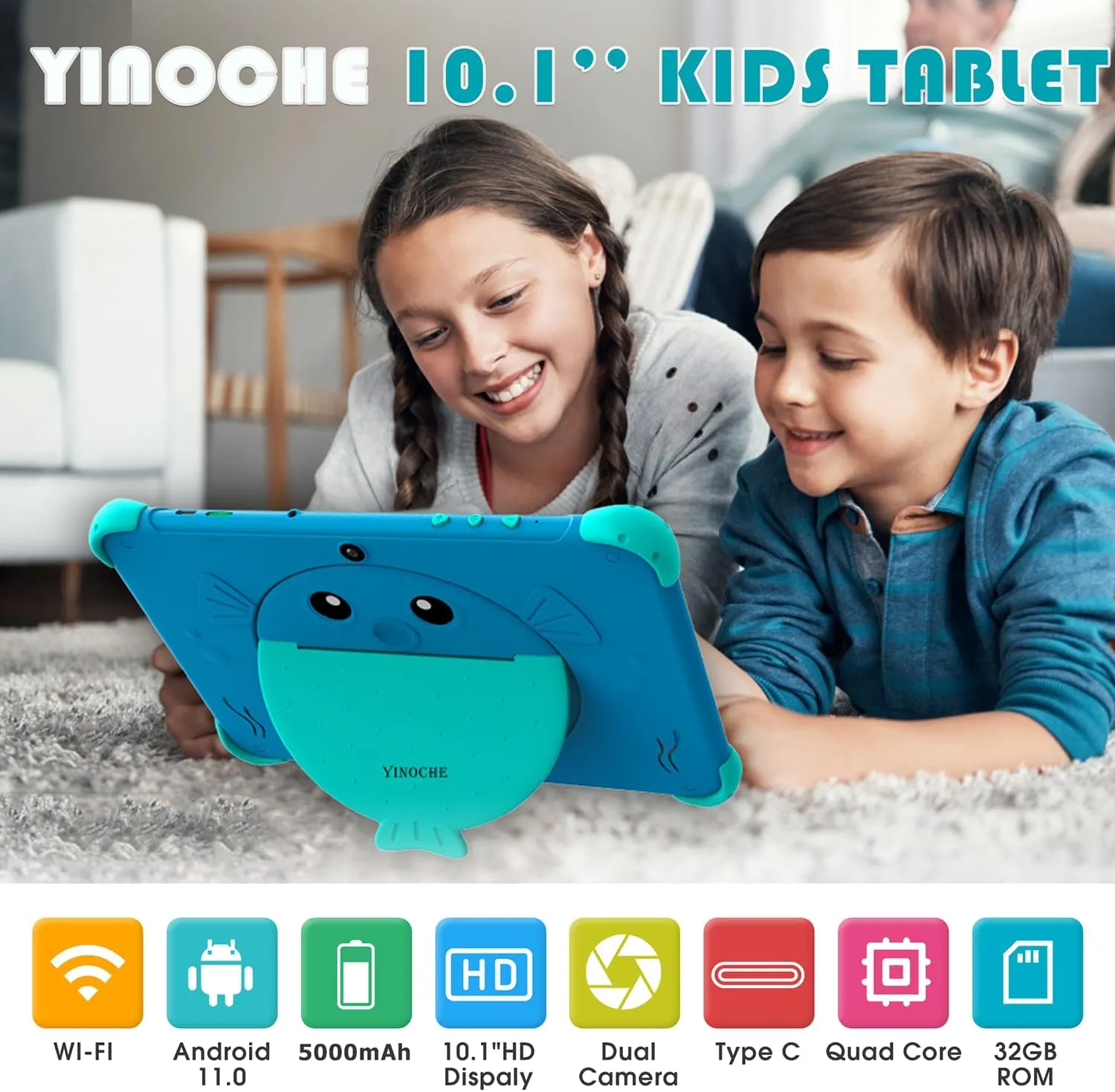 YINOCHE Kids Tablet 10 inch Toddler Tablet for Kids 5G WiFi with Case Parental Control Dual Camera 32GB Kids Tablets Educational App Preloaded Support YouTube Neflix (Blue)