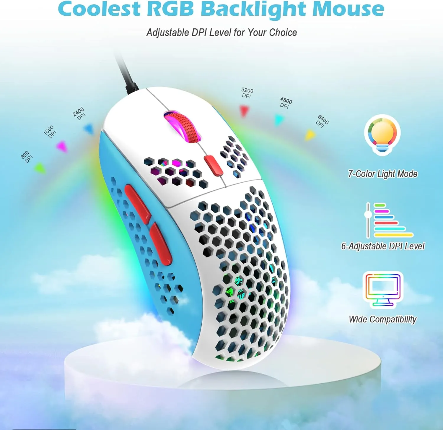 ZIYOU LANG RK-T60 Wired Mechanical Gaming Keyboard and Mouse Combo Mini Portable with Rainbow Backlit 62Key NKRO 6400DPI RGB Honeycomb Mice Coiled Aviator C Cable for PS4/PC/WIN Gamer(Blue/Red Switch)